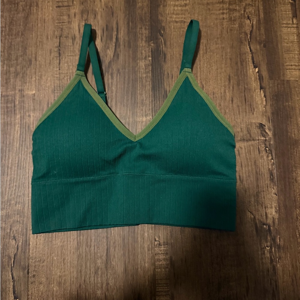 Auden Emerald Green Ribbed V-Neck Bralette with Olive Trim